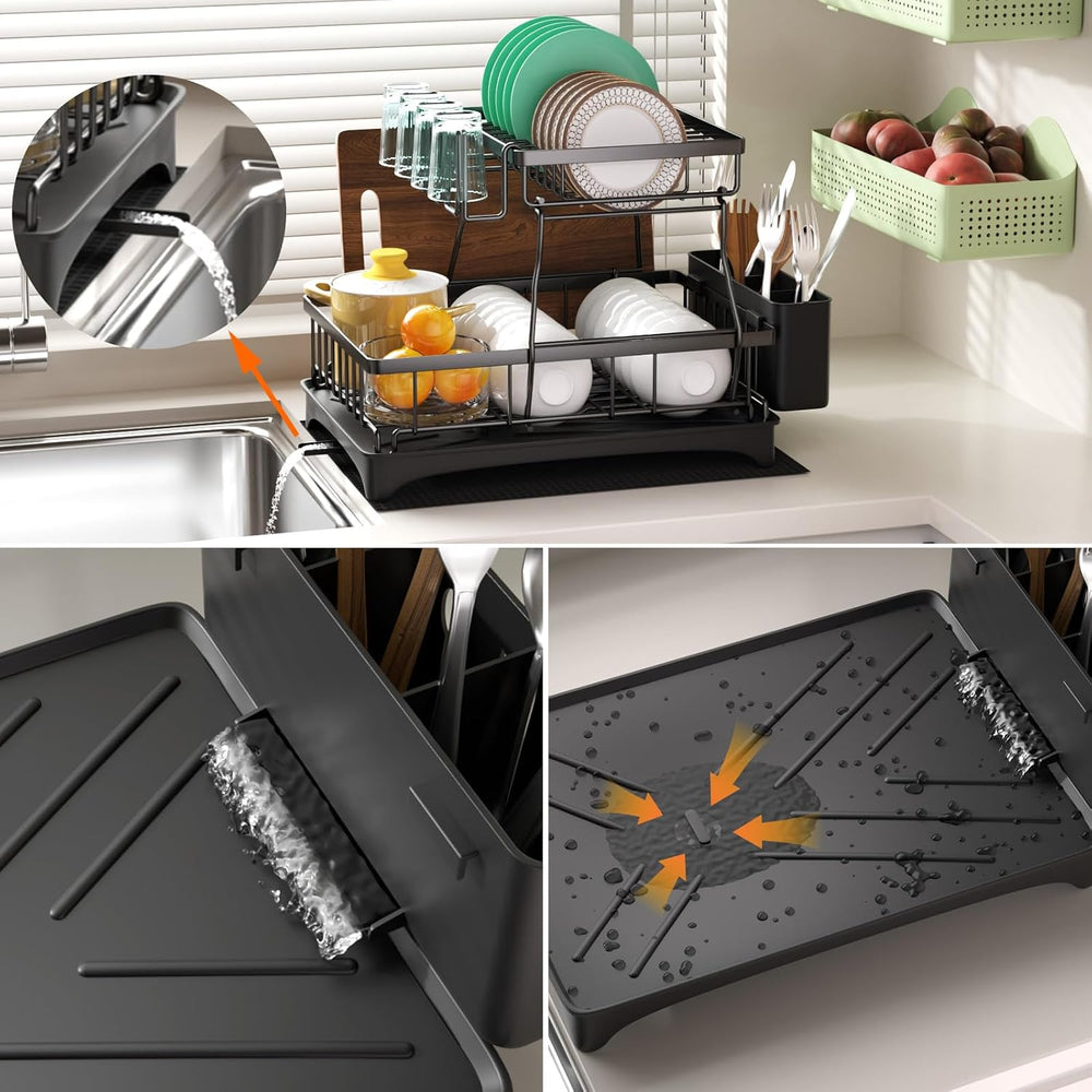 Godboat 2-Tier Dish Drying Rack - Dish Rack with Auto Drain-to-Sink & Mat