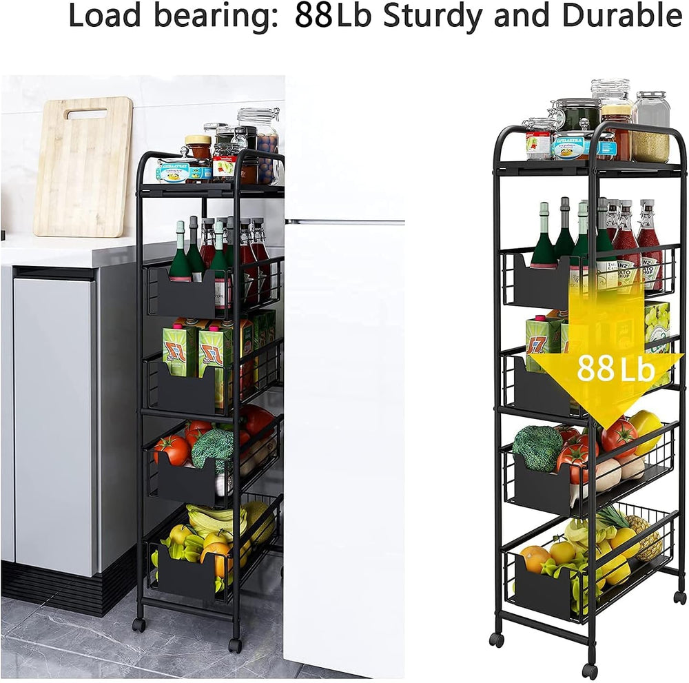 WHIFEA 5 Tier Slim Rolling Cart with Pull-Out Drawers, Multi-Layer Narrow Sto...