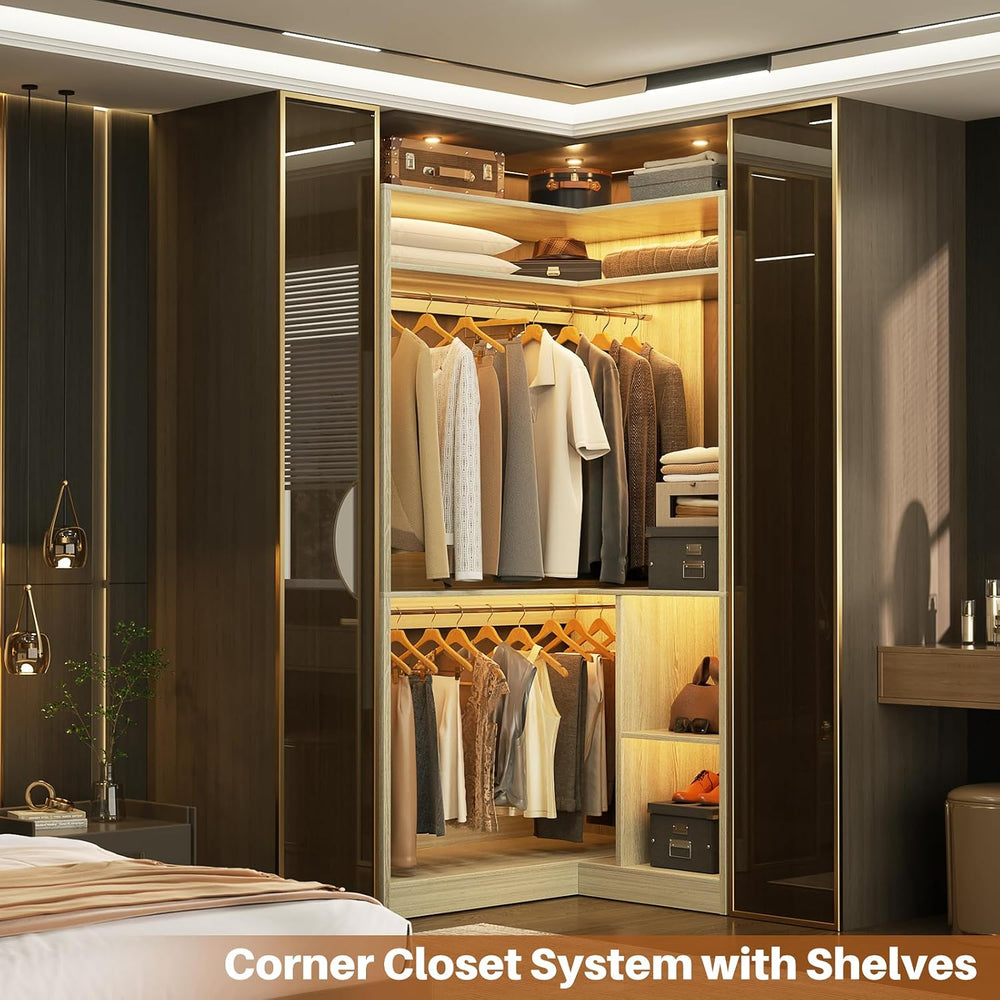 Aheaplus Corner Closet System with Shelves, L Shaped Closets, White Oak