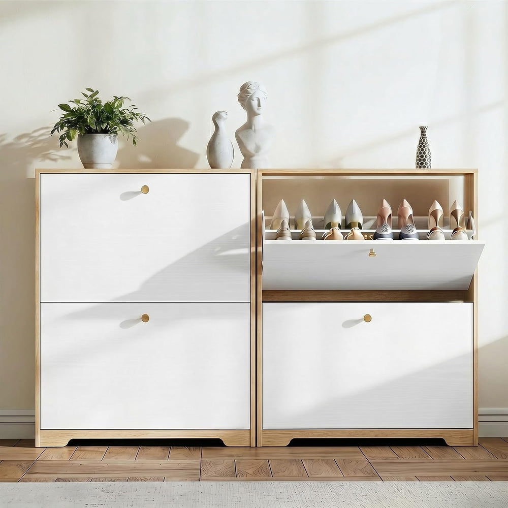 Nicetree Shoe Storage Cabinet with 2 Flip Drawers, Natural Oak and White