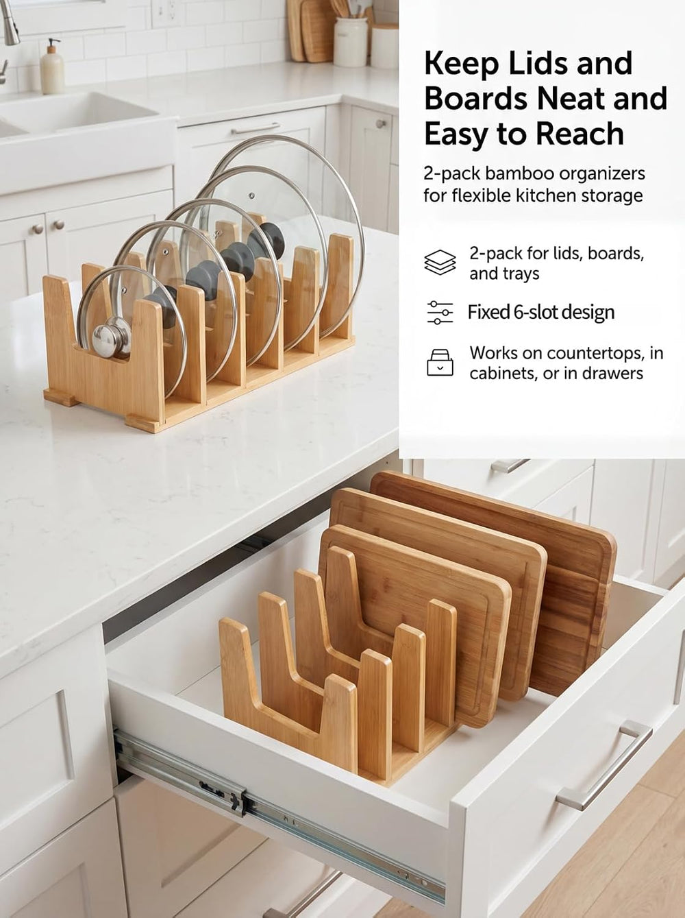 2 Pack Bamboo Pot Lid Organizer for Drawer & Cabinet, 6-Slot Lid Holder
