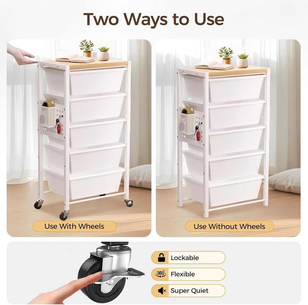 Rolling Cart with 5 Drawers, Plastic Drawer Storage Carts with Wheels & W...