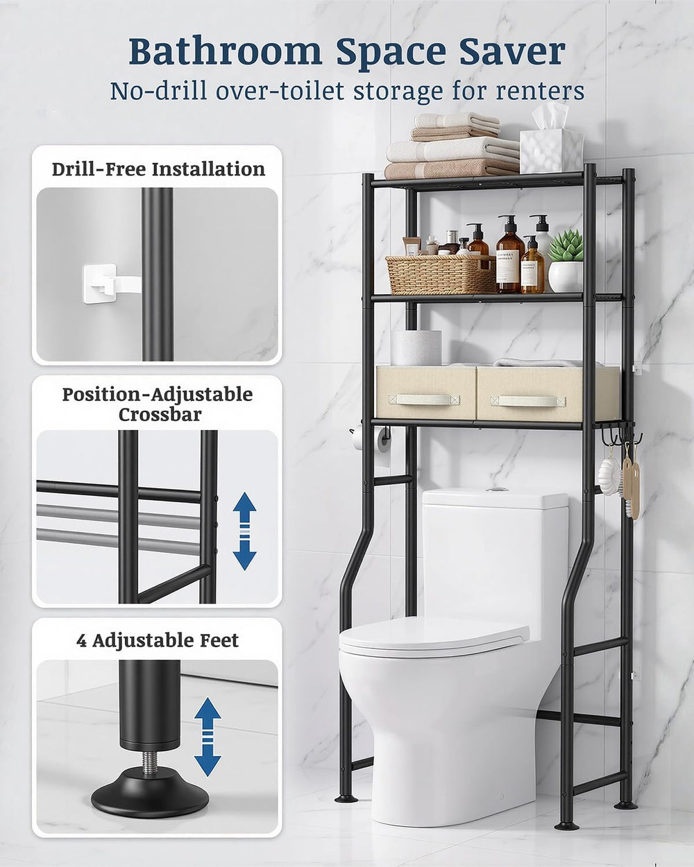 3-Tier Over Toilet Storage Cabinet, 64" H, Black, 2 Baskets