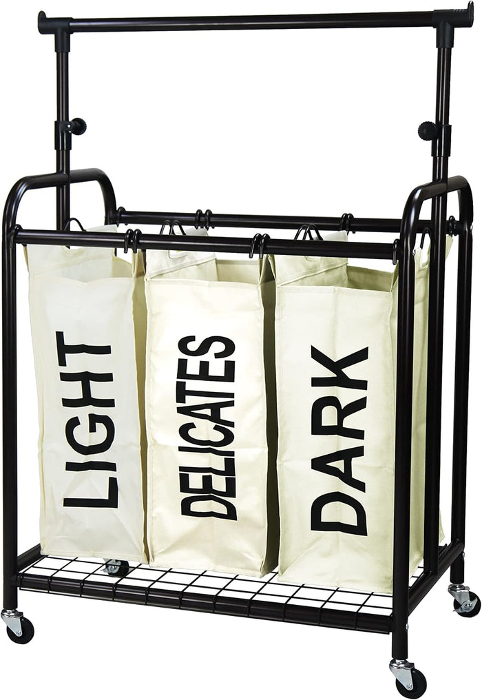 Oceanstar 3-Bag Rolling Laundry Sorter with Adjustable Hanging Bar, White