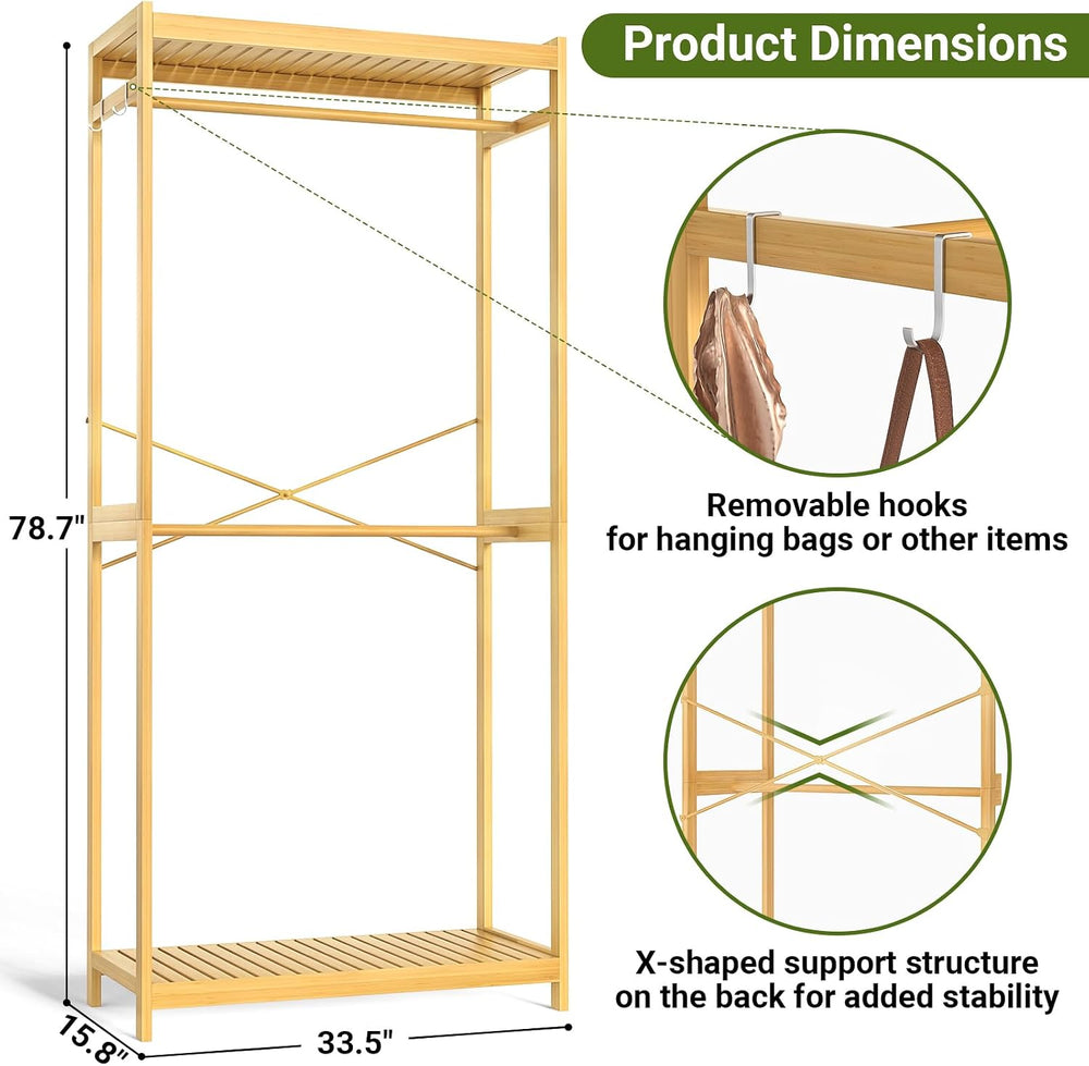 Homykic Bamboo Clothing Rack with Shelves, 33.5” Wide Clothes Rack, 78.8” H