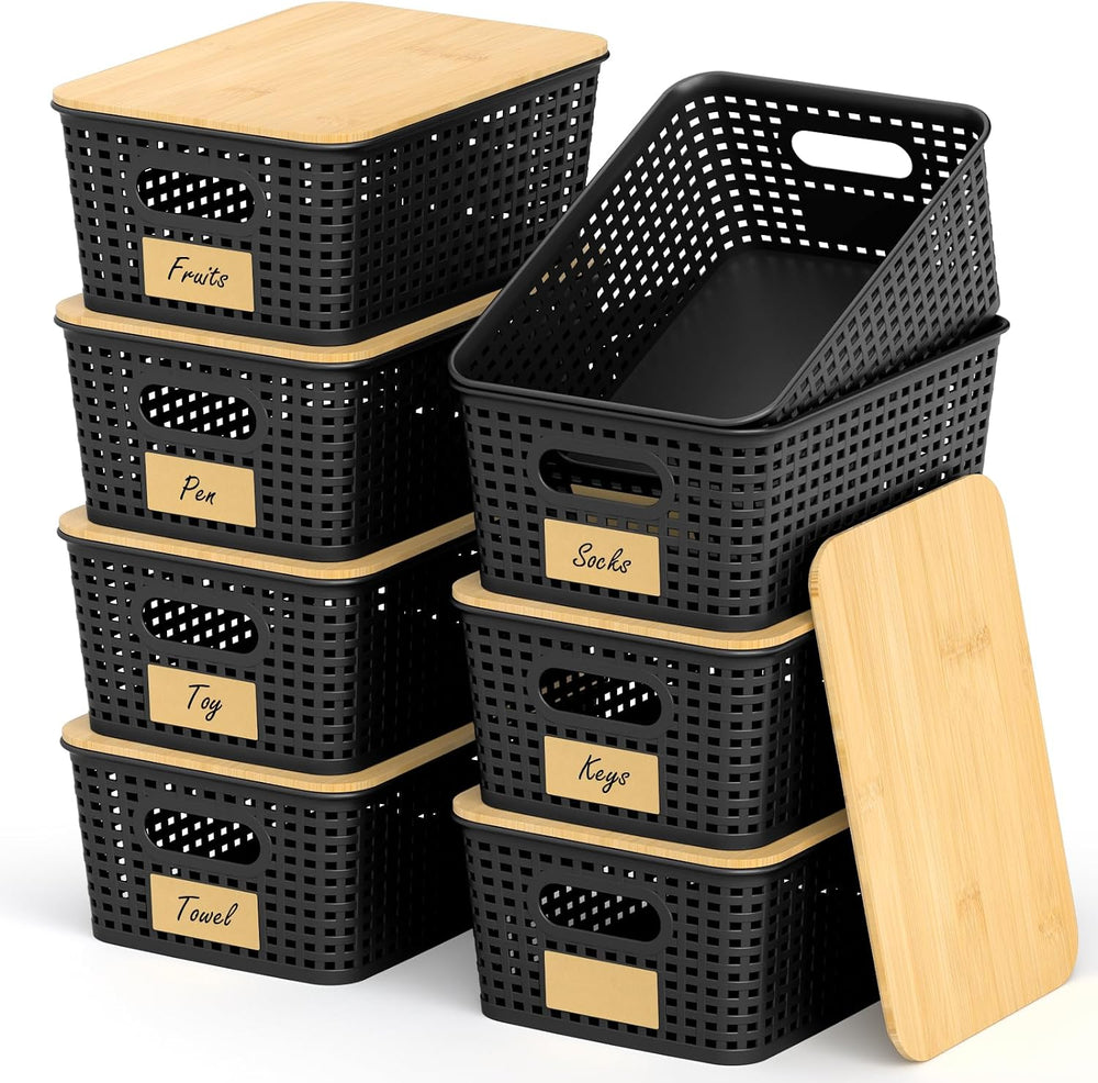 Stackable Storage Baskets: 8 Pack Plastic Baskets Bins, Black