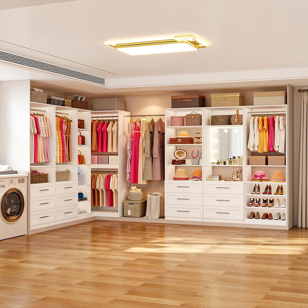 Closet Organizer System with 3 Drawers & HD LED Mirror, Modular Walk in C...
