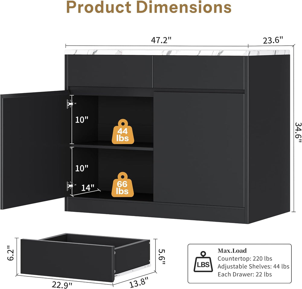 DynJest Kitchen Island with Storage, 47.2" Large Faux Marble Countertop