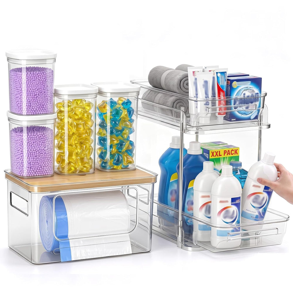 Trash Bag Holder with Bamboo Lid, Stackable Trash bag Dispenser with 2-tier R...