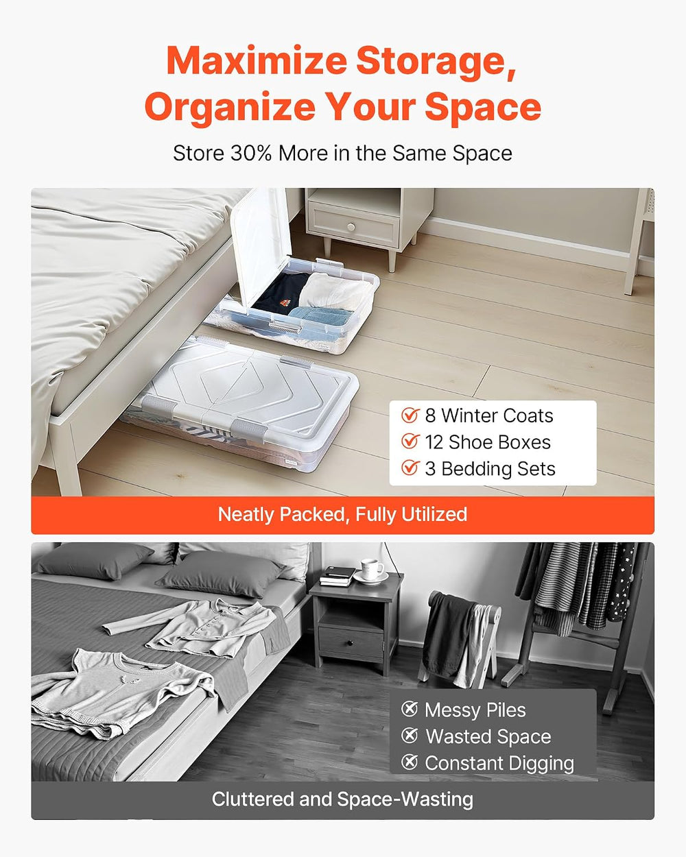 VEVOR Under Bed Storage with Wheels, 31.7 x 15.6 x 6.9 inch Underbed Containe...