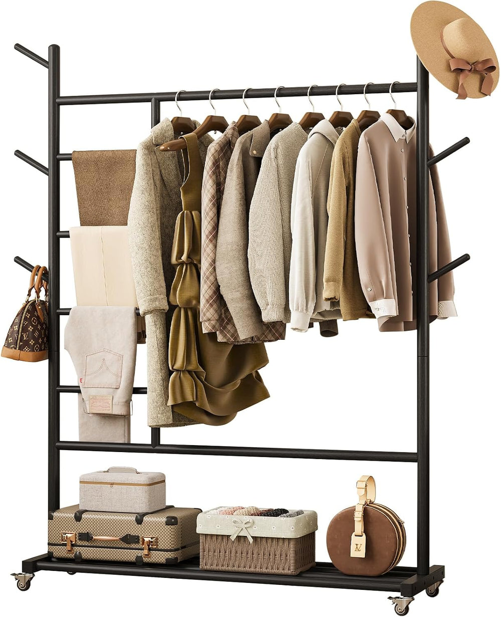 Yoobure Solid Wood Clothing Rack, 4-in-1 Wooden Clothes Rack with Wheels
