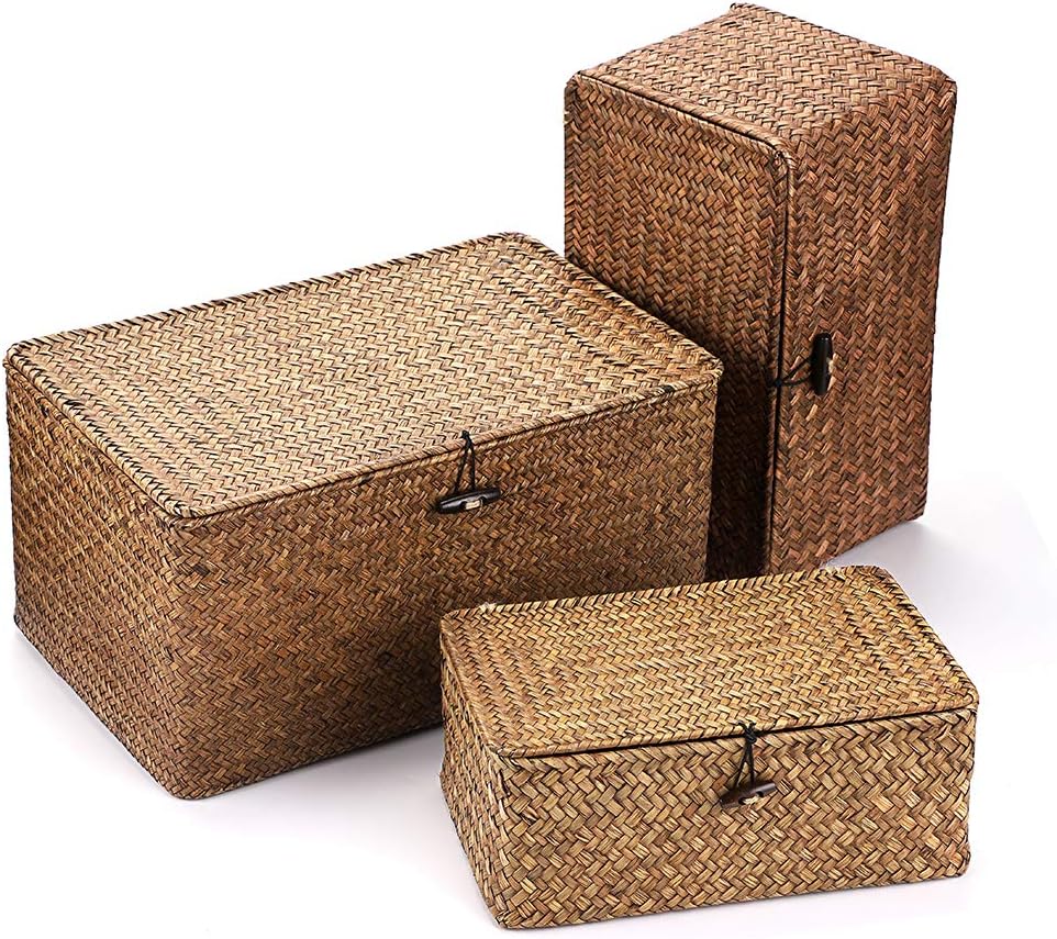 Hipiwe Set of 3 Seagrass Storage Baskets with Lid - Large Woven Wicker Bins