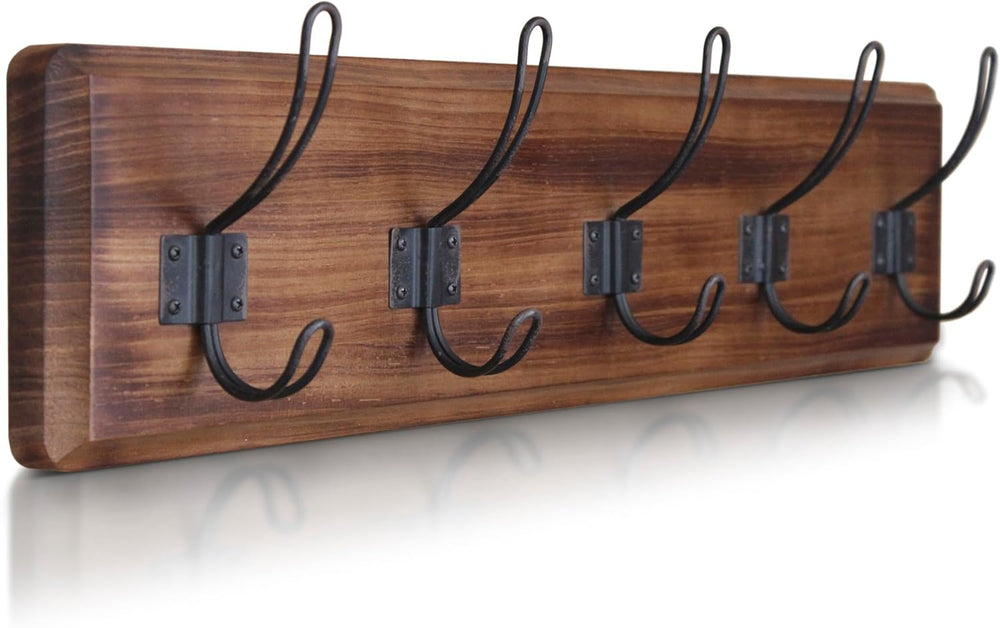 HBCY Creations Dark Wash Brown Rustic Coat Rack Wall Mount with 5 Hooks, Soli...