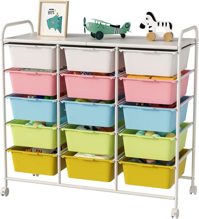 15 Drawers Rolling Cart With Wheels, Plastic Storage Drawer With Metal Frame