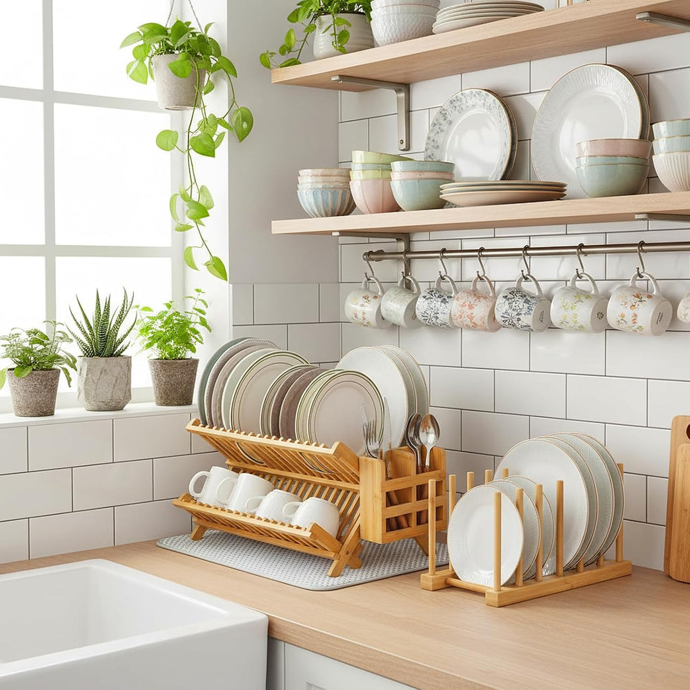 6 Pcs Plate Organizer Set for Cabinet 2 Tier Bamboo Collapsible Dish Rack wit...
