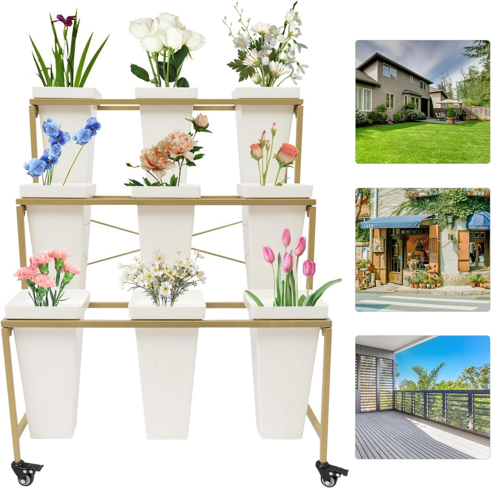 3 Tier Flower Display Stand with 9 Buckets, 33.46″ H Rolling Flower Cart with...