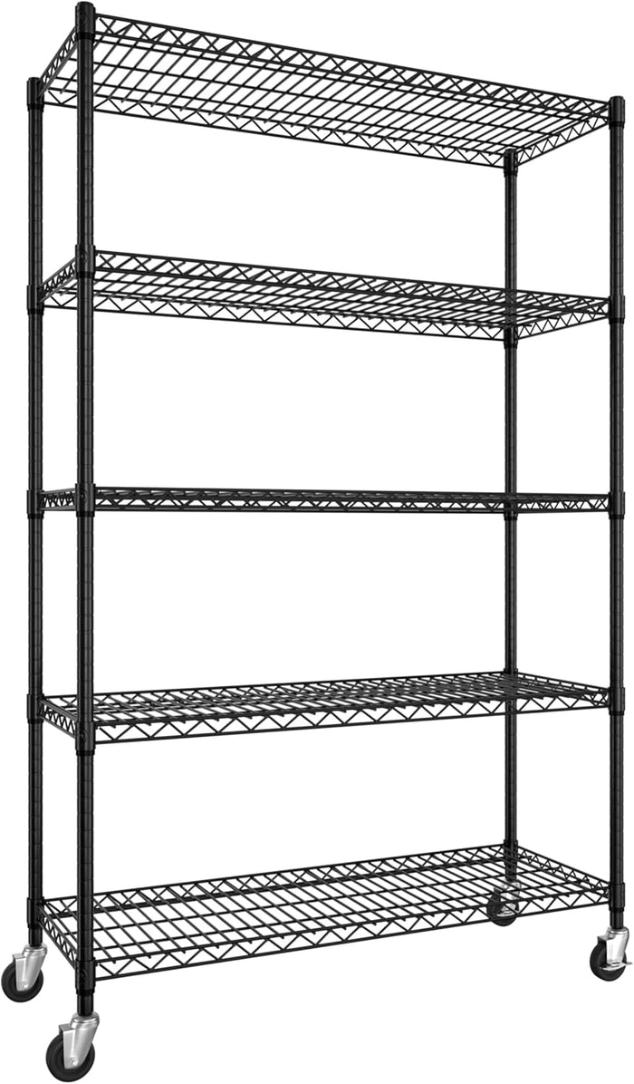 Yardenaler 5-Tier Heavy Duty Steel Wire Shelving Unit with Wheels, Adjustable Storage Shelving Unit, 18" D x 48" W x 72" H NSF Certified Rolling Shelving for Kitchen Garage Basement Warehouse, Black