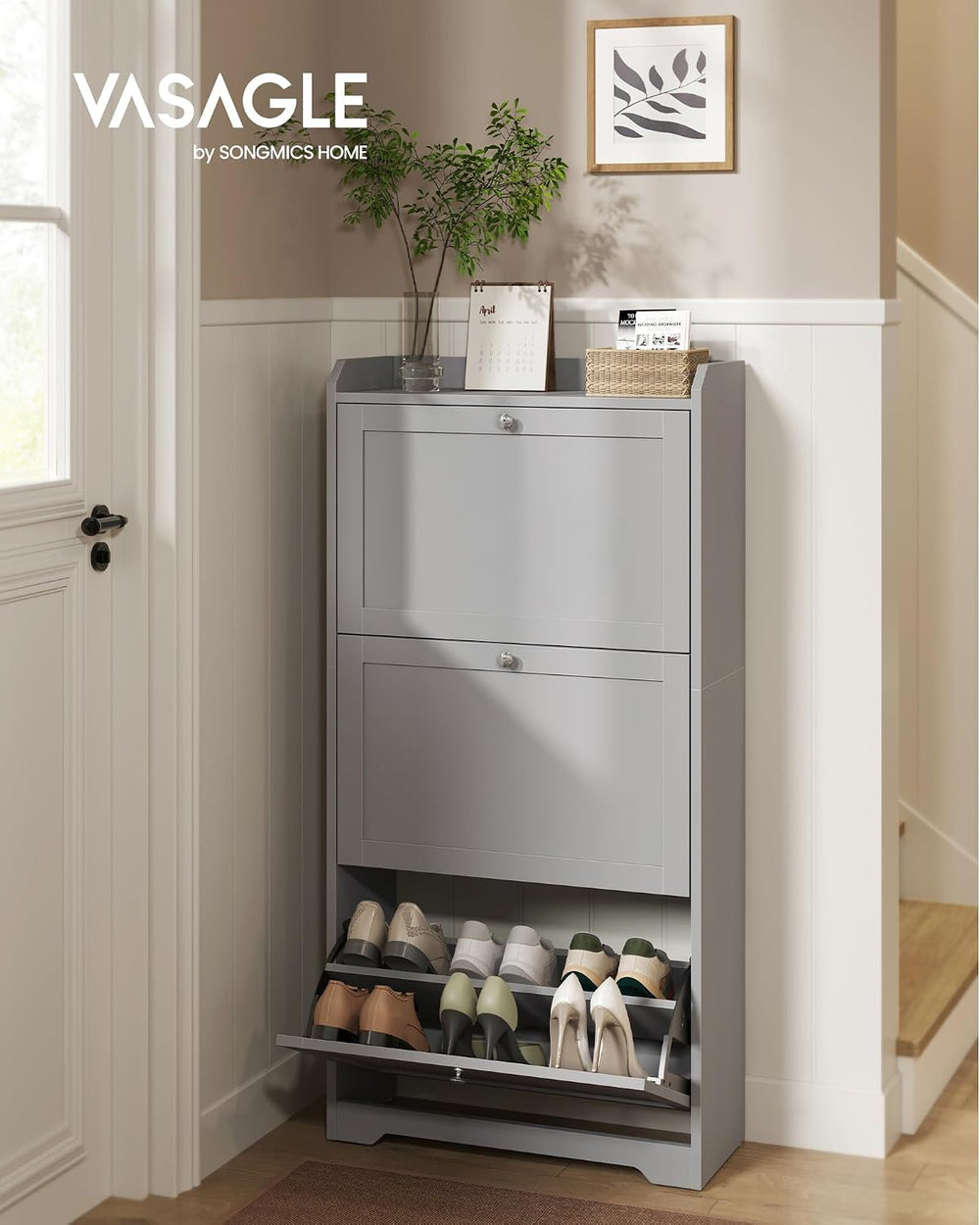 VASAGLE Shoe Storage Cabinet with 3 Flip Drawers, Slim, Holds 12‑20 Pairs