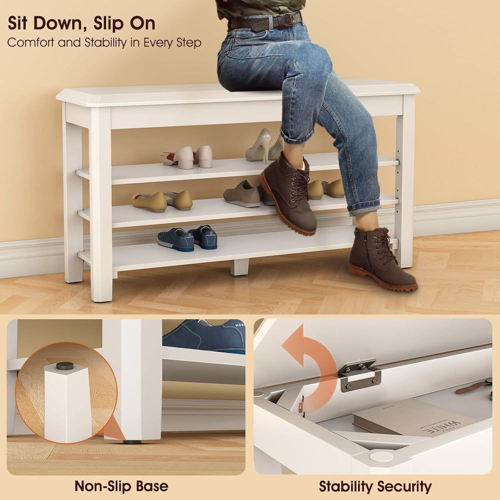 IUNVR Shoe Rack Bench Seat Rubberwood 3-Tier Wooden Storage Bench 550lbs Comp...
