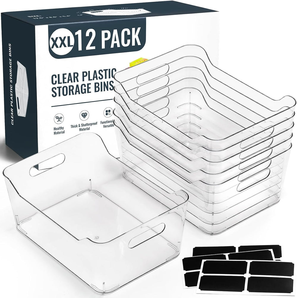 12 PACK Multi-Use Clear Plastic Storage Bins for Organizing w/ Labels - Home,...