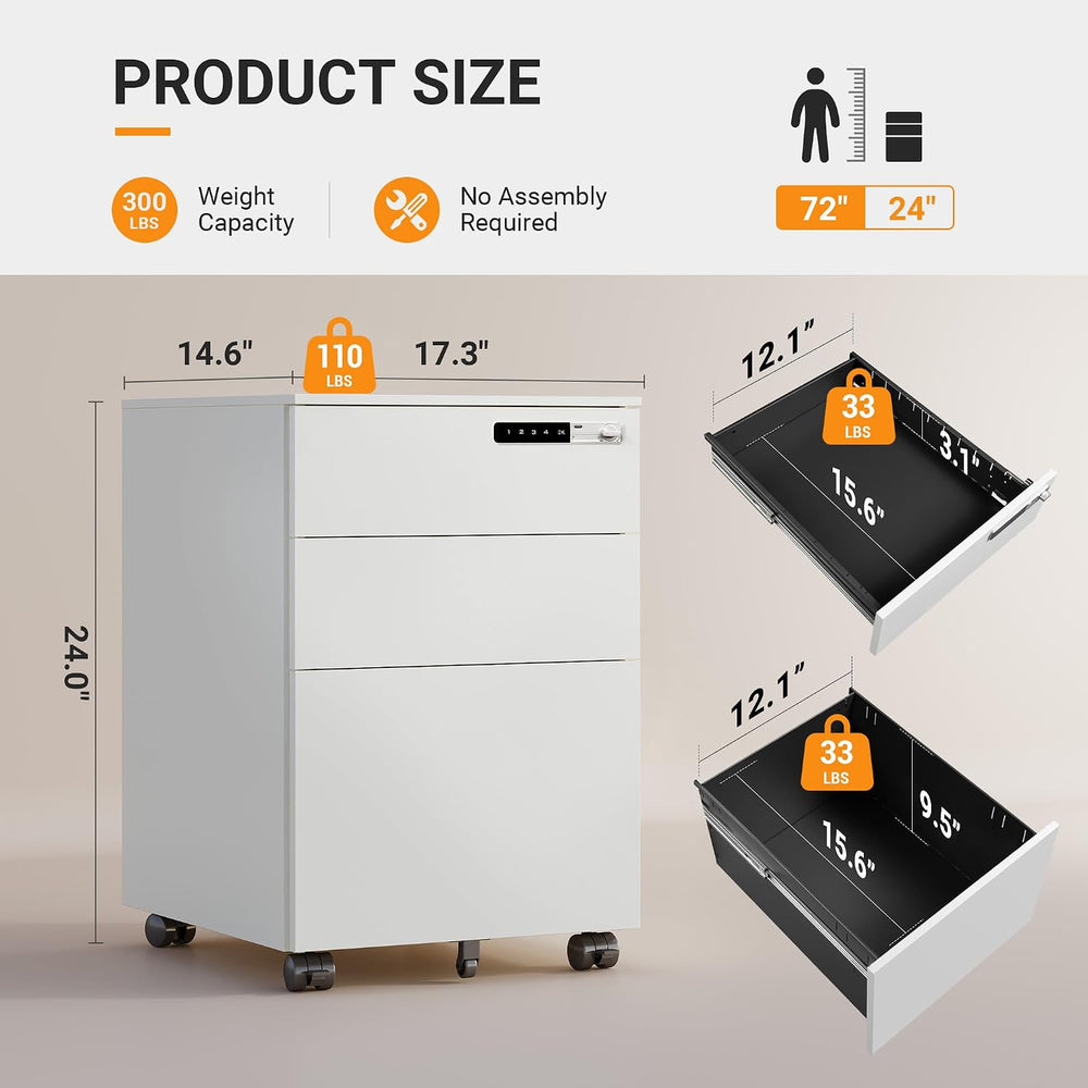 DEVAISE 3 Drawer File Cabinet with Combination Lock, Fully Assembled