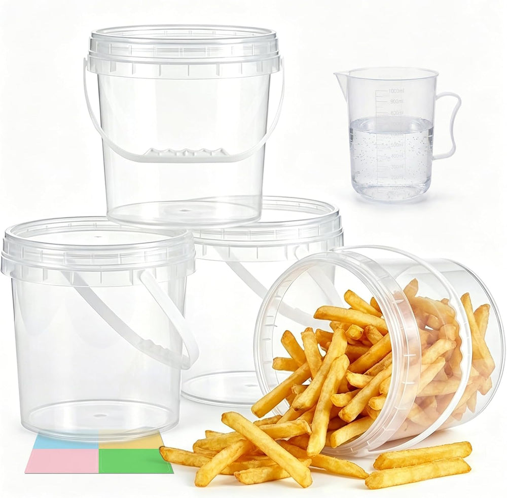 DEMORA 4 Pack 1 Gallon Clear Plastic Bucket with Screw Lid & Handle, Food...