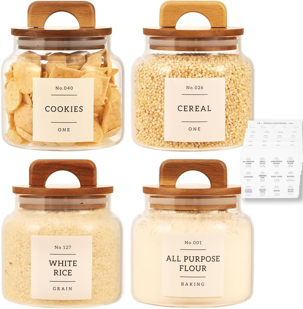4 Pack Glass Pantry Storage Containers with 132 Pantry Labels - 37 FL OZ Kitc...