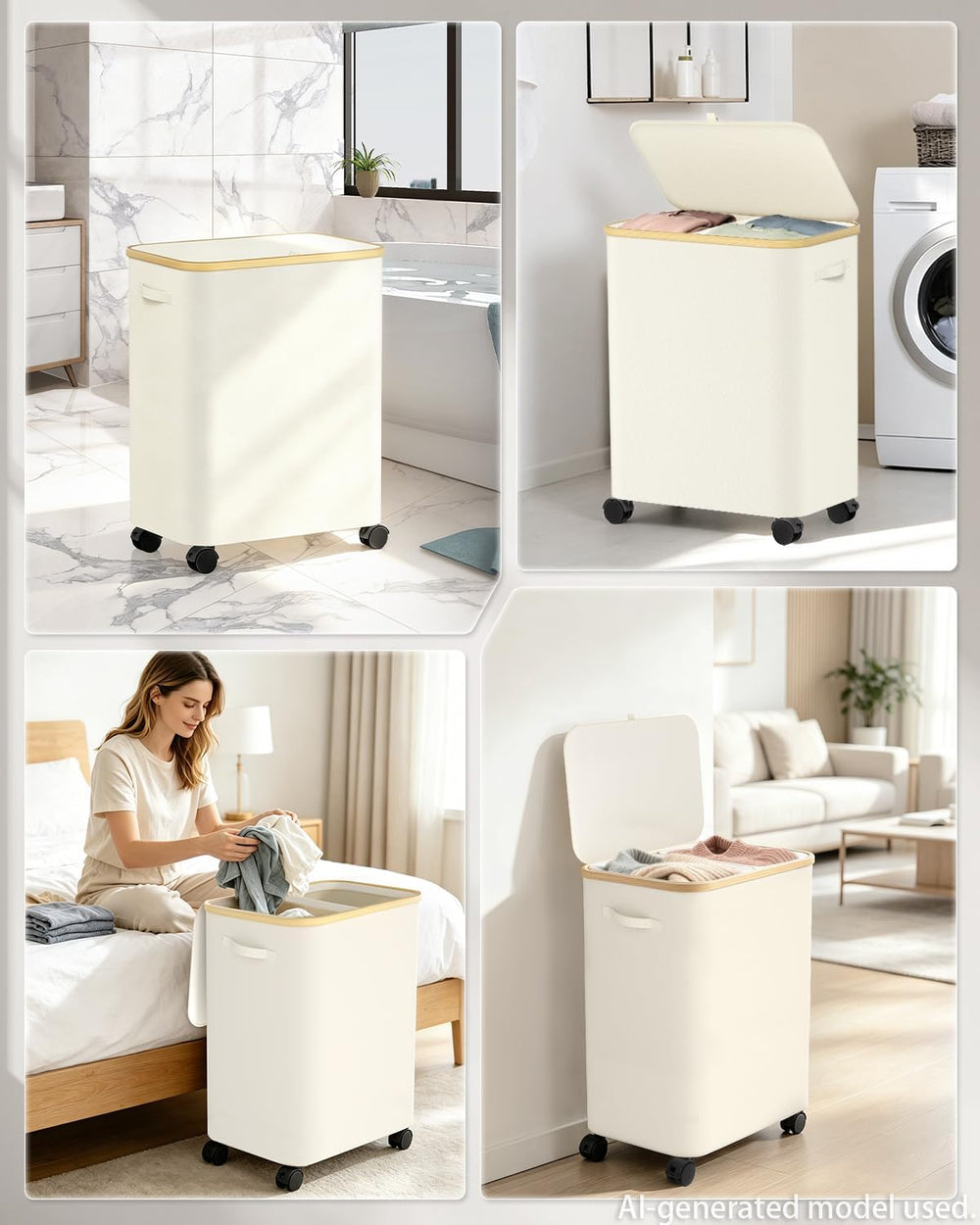 Double Laundry Basket with Wheels and Lid, 150L Clothes Hampers for Laundry
