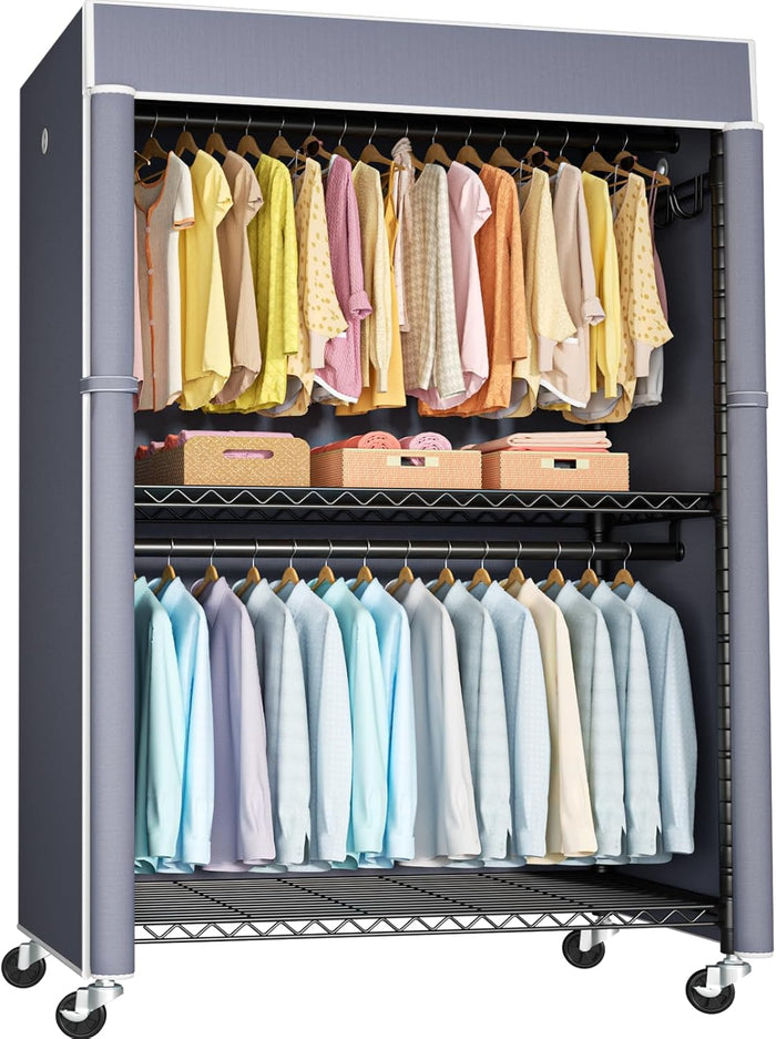 FUTASSI Black Clothing Rack with Grey Cover, P1C Plus Rolling Closets