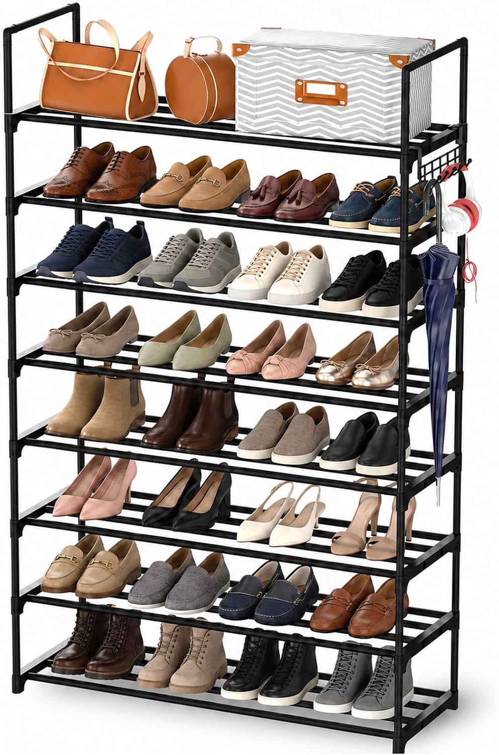 Hsscblet 8-Tier Metal Shoe Rack for Closet and Entryway with Hooks, Black