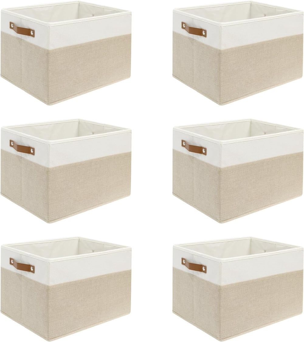 6 Pack Large Fabric Storage Baskets with Handles (White with Beige,15" L...