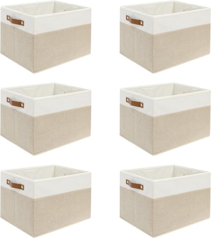 6 Pack Large Fabric Storage Baskets with Handles (White with Beige,15" L*13" W*13" H)