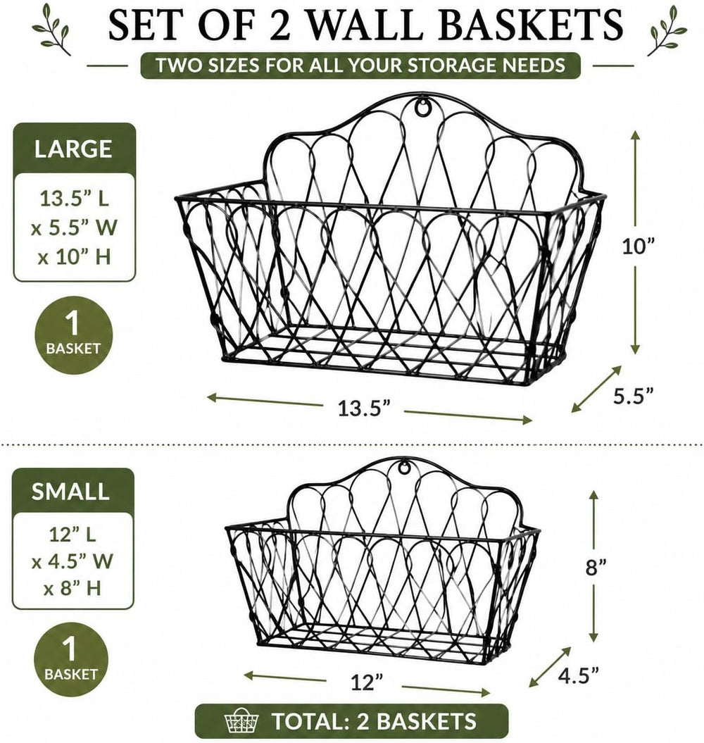 Farmhouse Hanging Wall Storage Baskets Set of 2, Metal Wire Wall-Mounted Bask...