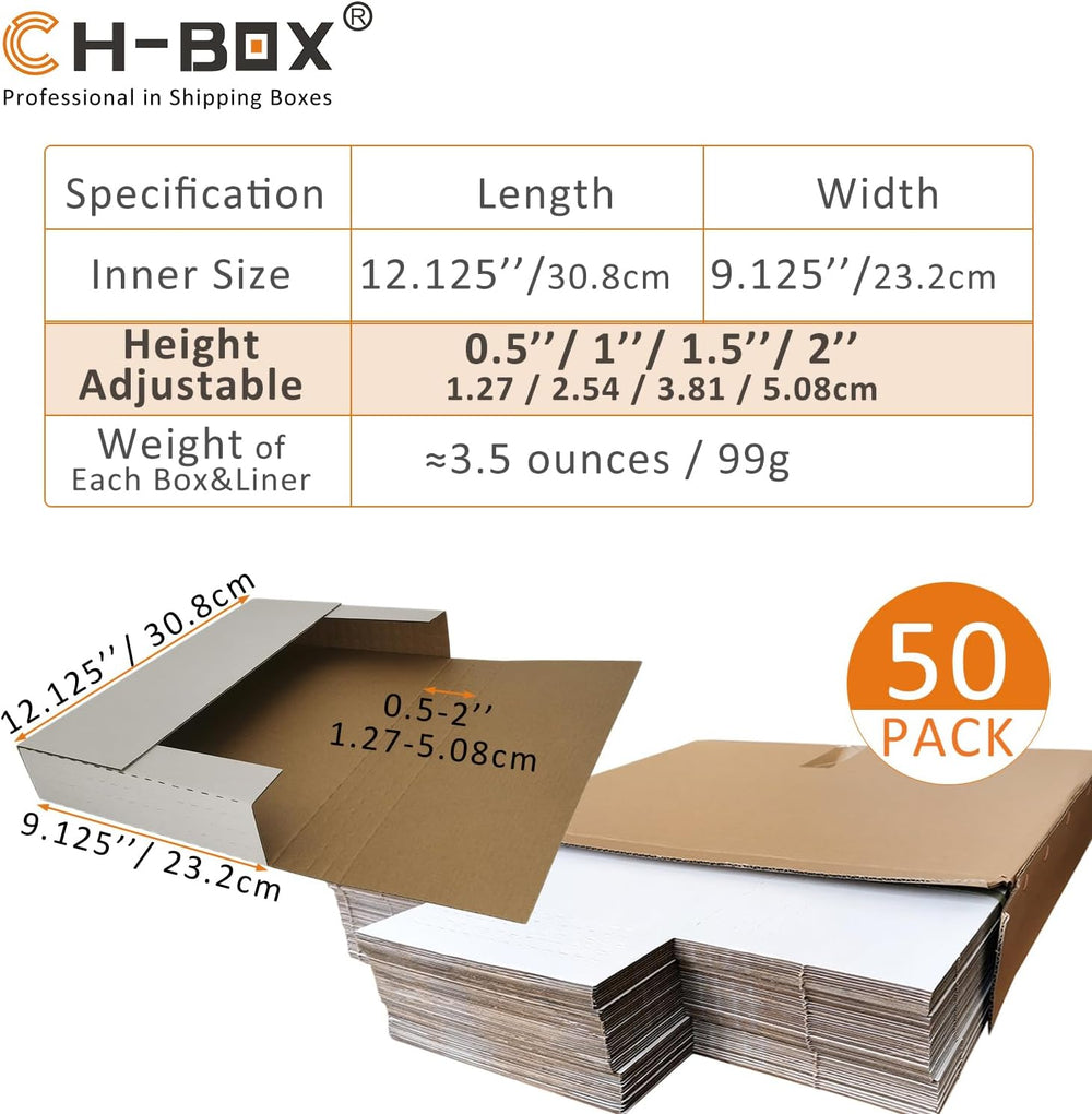 50 Pack 12-1/8" x 9-1/8" x 2" Corrugated Easy-Fold Mailer, Hei...