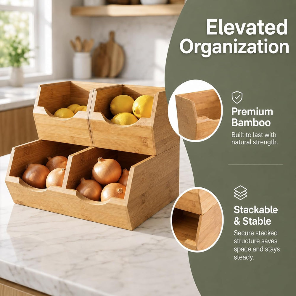 Bamboo Pantry Storage Bins Set of 3, Stackable Desktop Organizer