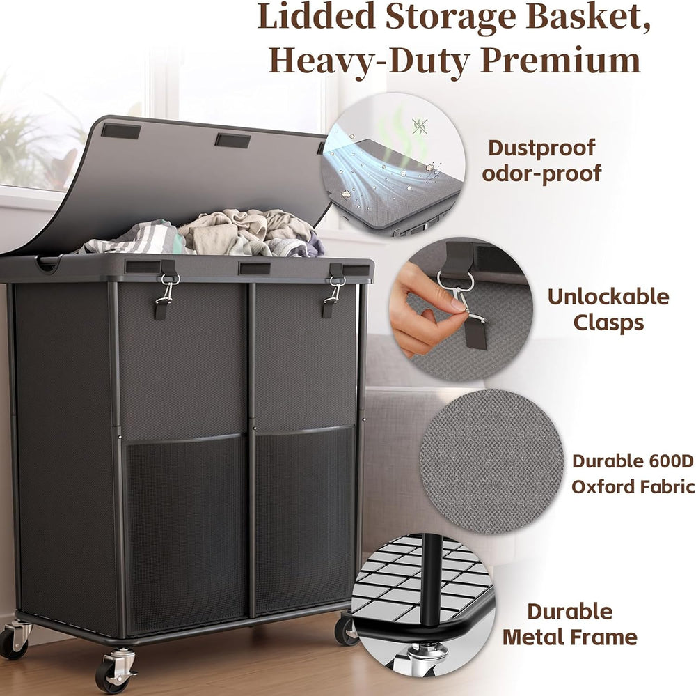 Laundry Hamper with Wheels and Lid, 225L Large Rolling Laundry Basket Gray