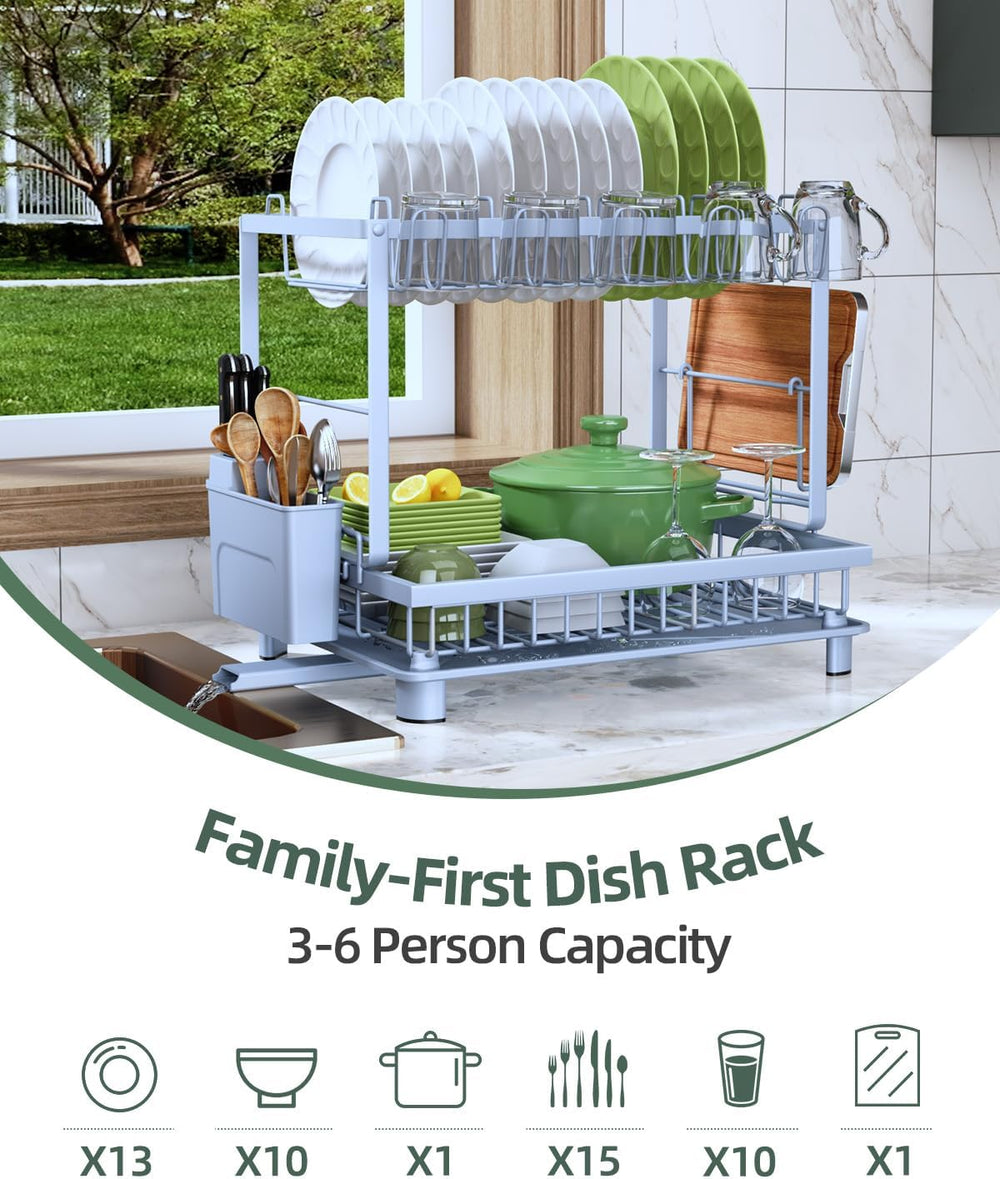 2-Tier Dish Drying Rack for Kitchen Counter, Space-Saving, Blue