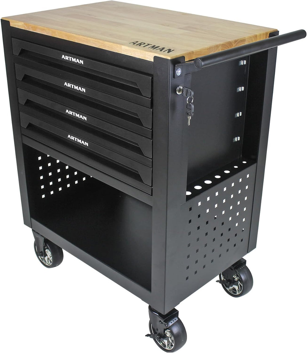 Lockable 4-Drawer Rolling Tool Chest with Wooden Top Workbench