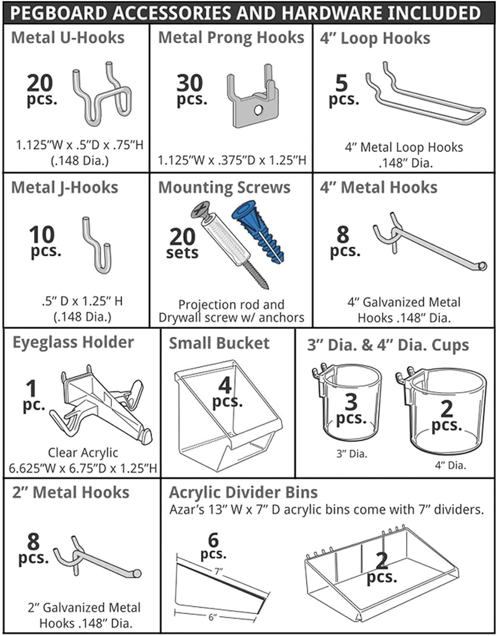 Azar Displays 900988-WHT 48" x 24" Pegboard Organizer Kit in White