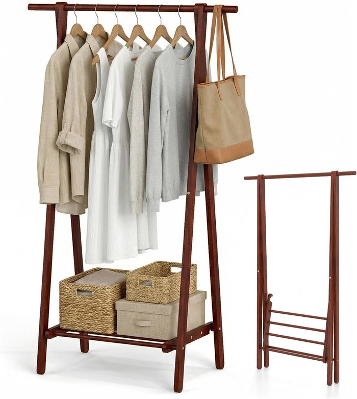 GIANTEX Folding Clothes Rack, Solid Wood Clothing Rack with Storage Shelf
