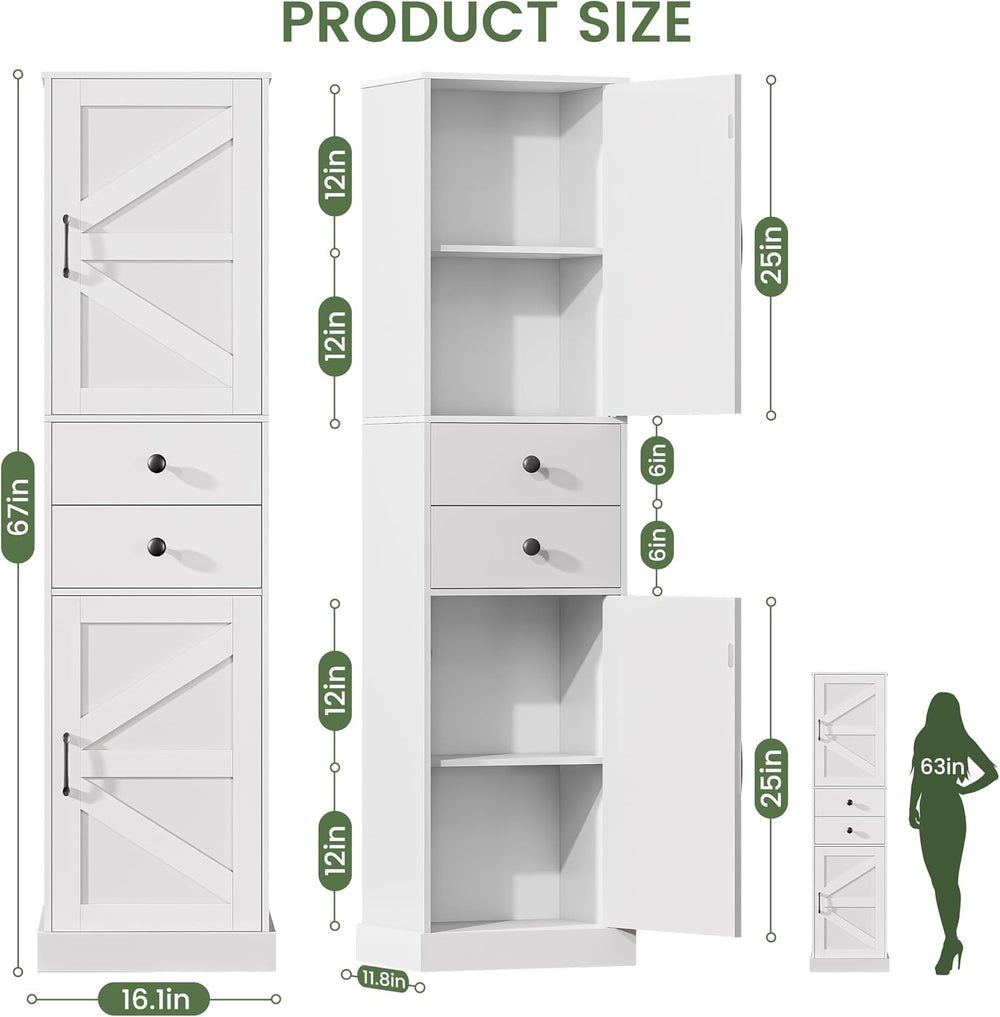 Tall Bathroom Storage Cabinet with 2 Drawers, Farmhouse Narrow Storage Cabine...