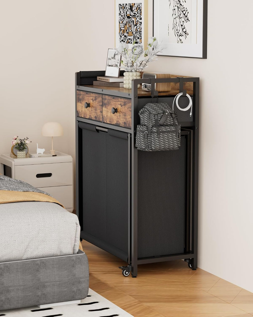 Laundry Hamper Basket 2 Section : Rolling Laundry Sorter Organizer with Wheel...