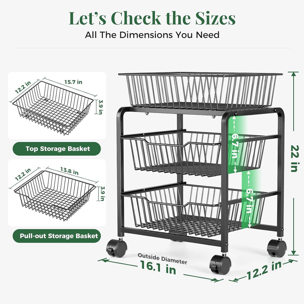 3-Tier Pull-Out Rolling Pantry Floor Organizer and Storage Cart with Wheels