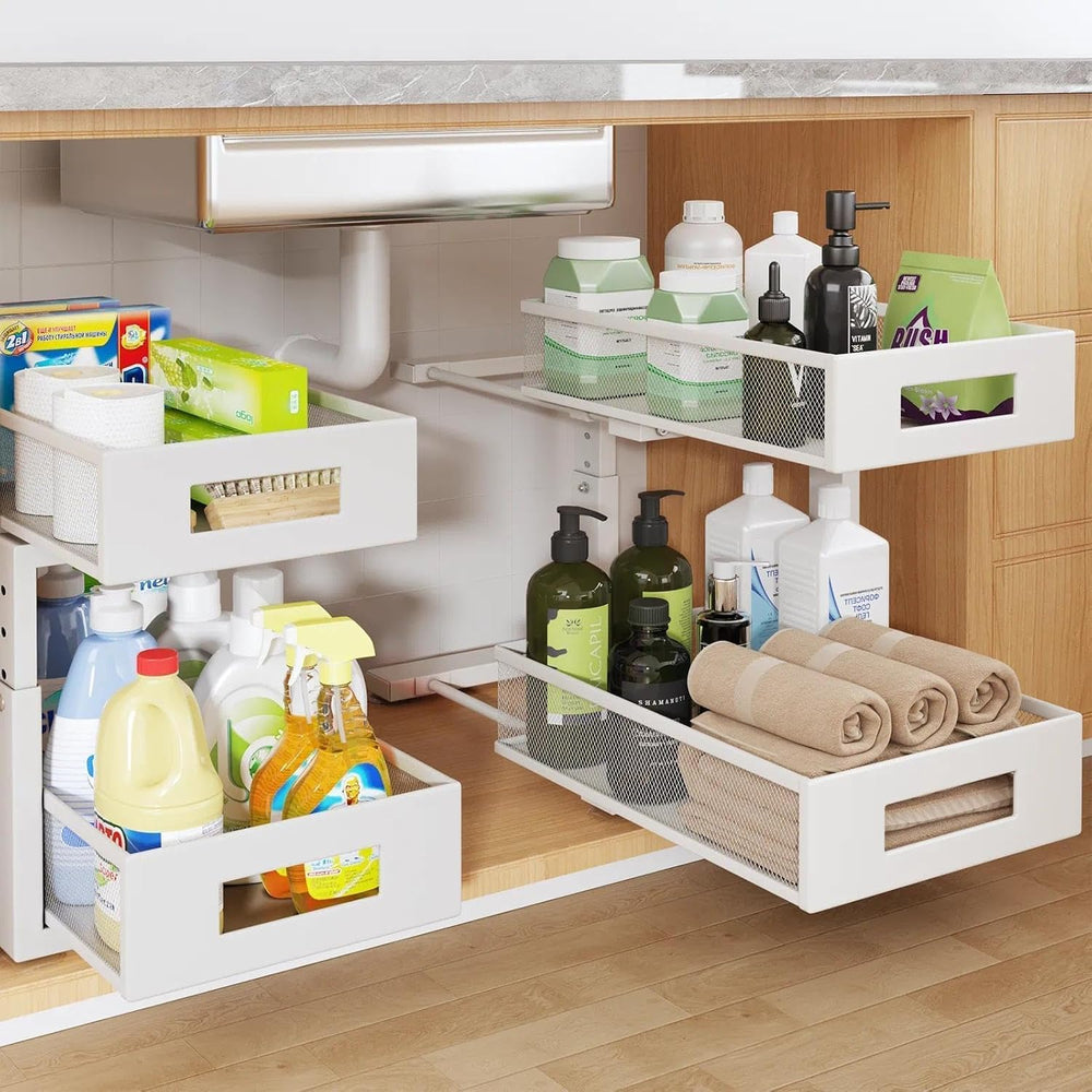 Under Sink Organizer, 2-Tier Dual Pull Out Cabinet Organizer Drawers With Smo...