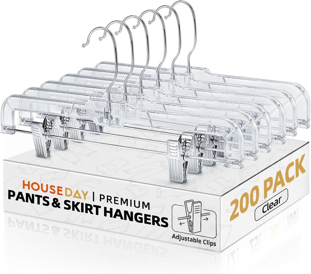 HOUSE DAY 200 Pack Plastic Skirt Hangers, 14'' Non Slip Clip Hangers