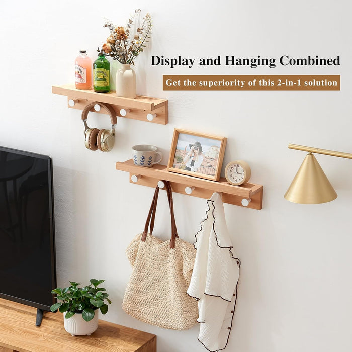 Wall Hooks with Shelf 24 inch, Beech Wood Entryway Wall with 5 Hooks, Floating Shelf Coat Rack for Bathroom, Living Room, Bedroom