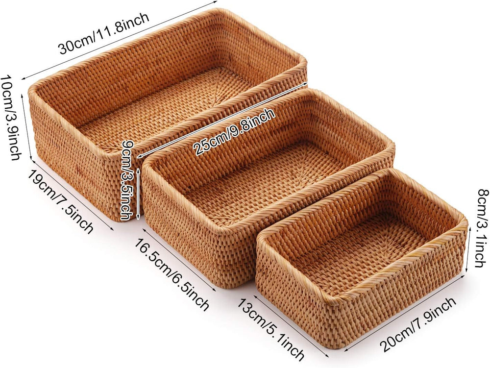 Natural Rattan Fruit Storage Baskets Rectangular Woven Wicker Box for Key Hol...