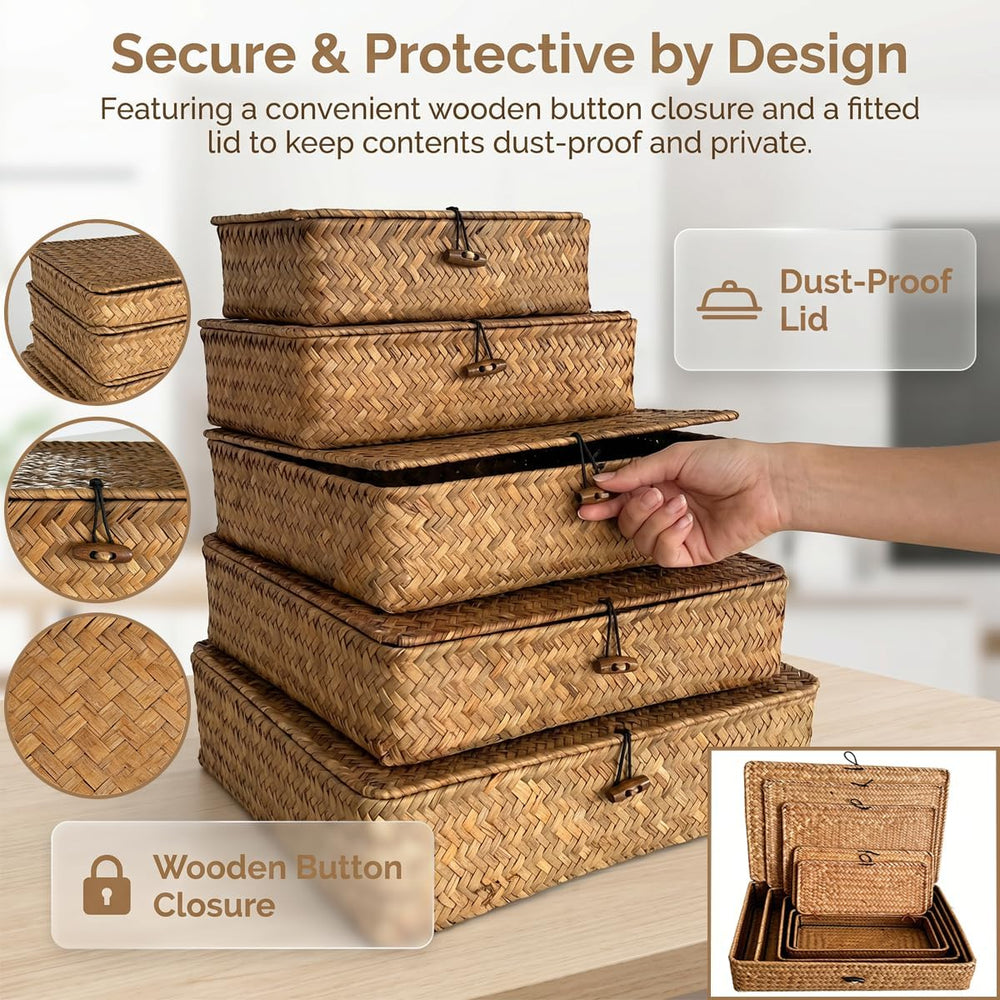 Wicker Basket with Lid,Seagrass Flat Storage Bins, Set of 5