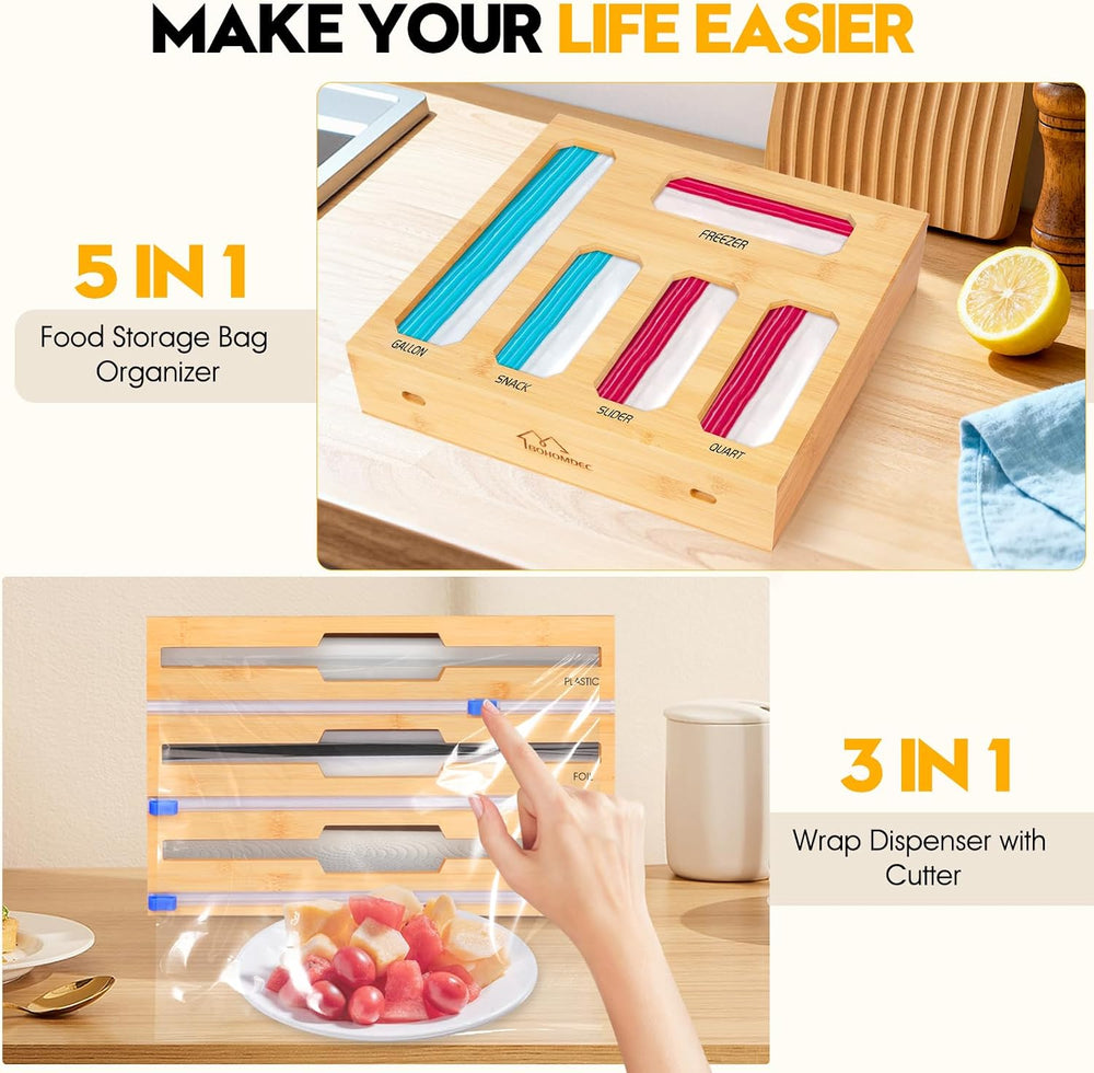 Bamboo Ziplock Bag Organizer for Kitchen Drawer & Wall Mount, Food Storag...