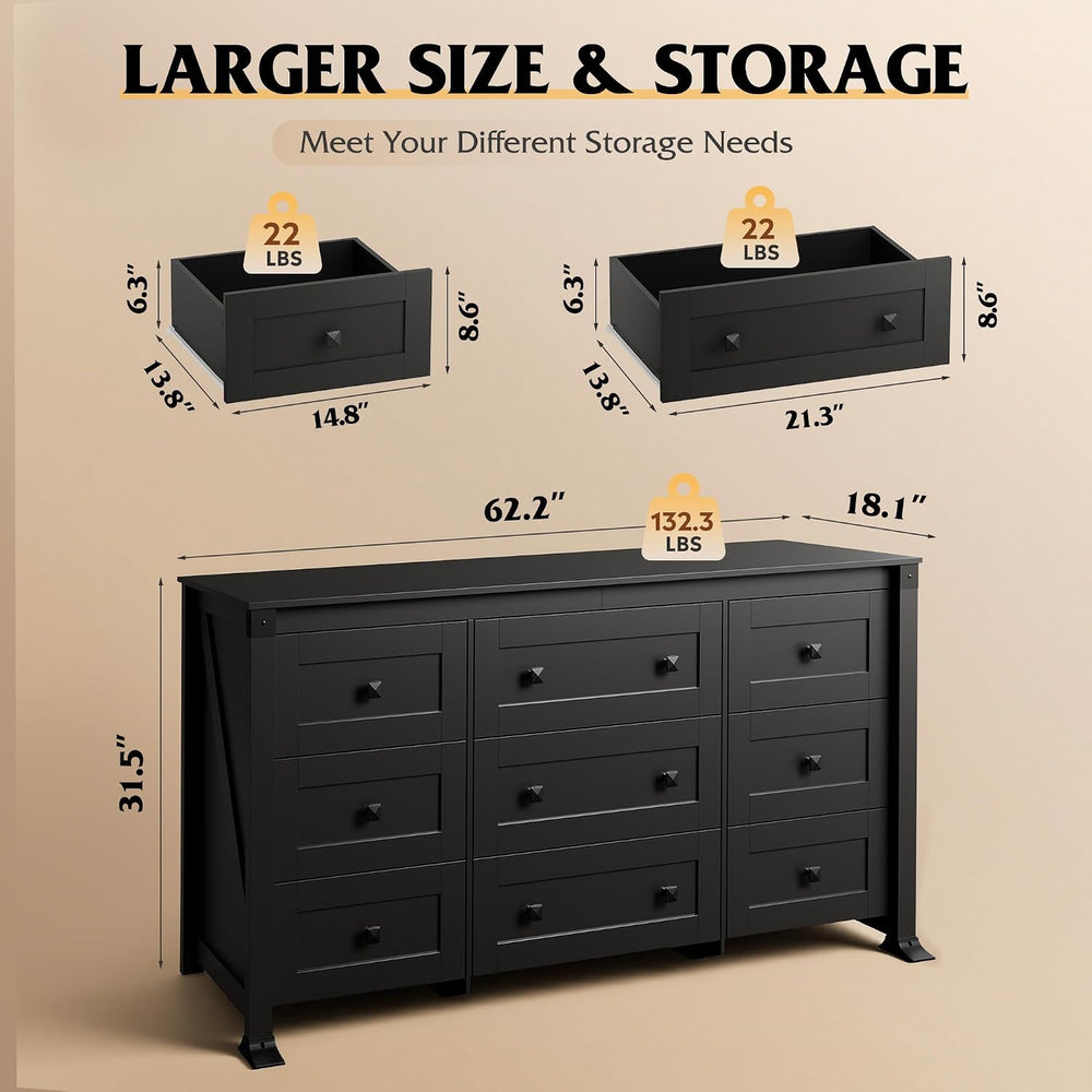 WLIVE 9 Drawer Dresser Black, 62" Wide Wooden Chest with Anti-Tip Structure